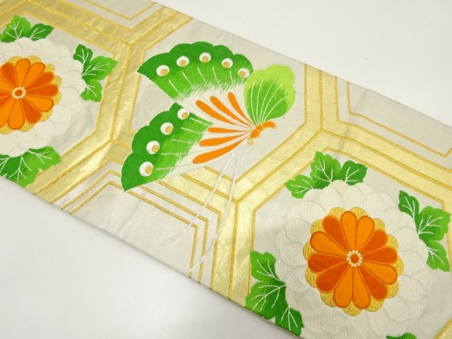 JAPANESE KIMONO / ANTIQUE FUKURO OBI / SILK / WOVEN BUTTERFLY & KIKU